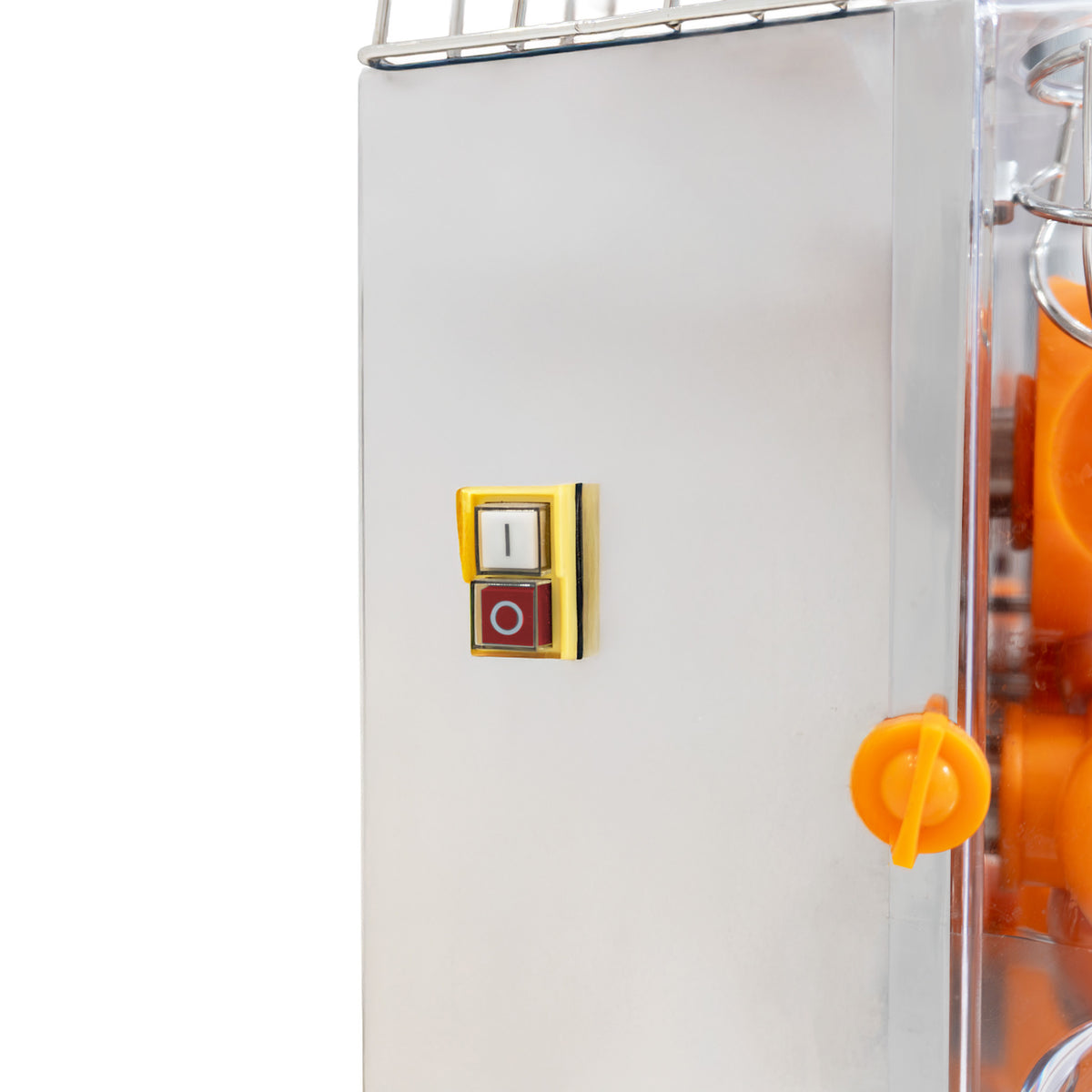 Silberne kommerzielle Orangensaftpresse mit orangefarbenem Drehknopf und goldenen Drucktasten für einfache Bedienung, ideal für Gastronomie