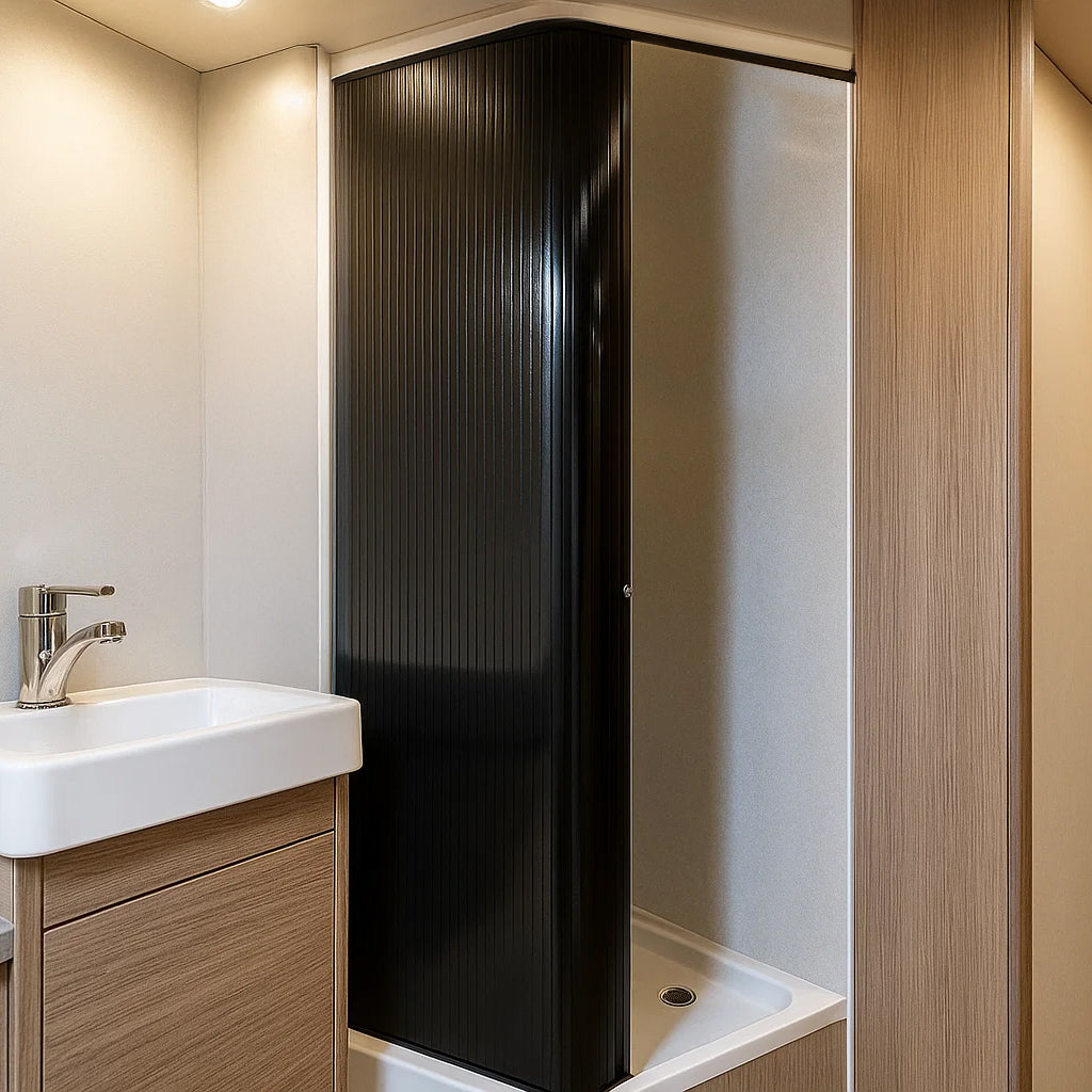 Schwarze Rollladen-Duschtür mit vertikalen Rillen, elegant und modern, passt perfekt in ein Badezimmer mit Holz- und weißen Akzenten