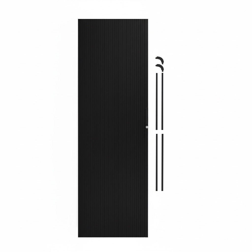 Schwarze Rollladen-Duschtür mit vertikalen Rillen, elegantem Design und glatter Oberfläche, ideal für moderne Badezimmergestaltung