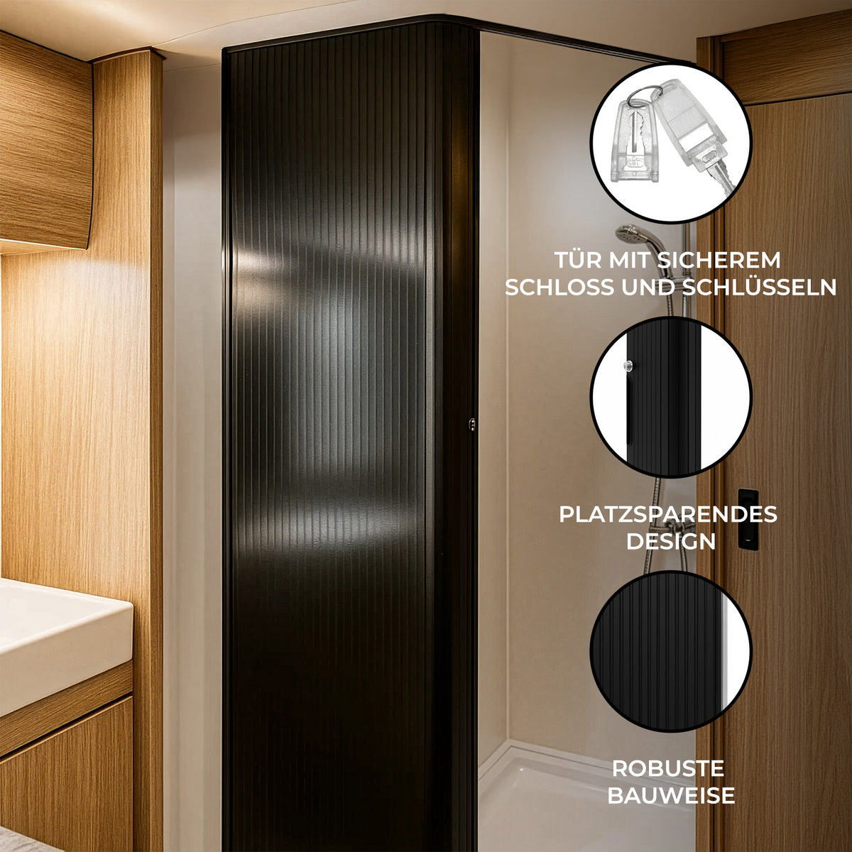 Schwarze Rollladen Duschtür mit vertikalen Rillen, robustem Material und platzsparendem Design, ideal für moderne Badezimmer