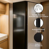Schwarze Rollladen Duschtür mit vertikalen Rillen, robustem Material und platzsparendem Design, ideal für moderne Badezimmer