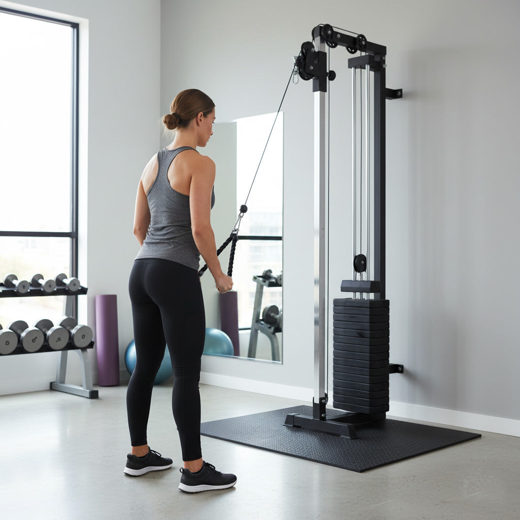 Wandmontierte Kabelzugmaschine in modernem Fitnessstudio, schwarze Gewichte, graue Wand, Sportlerin in grauem Top und schwarzen Leggings beim Training