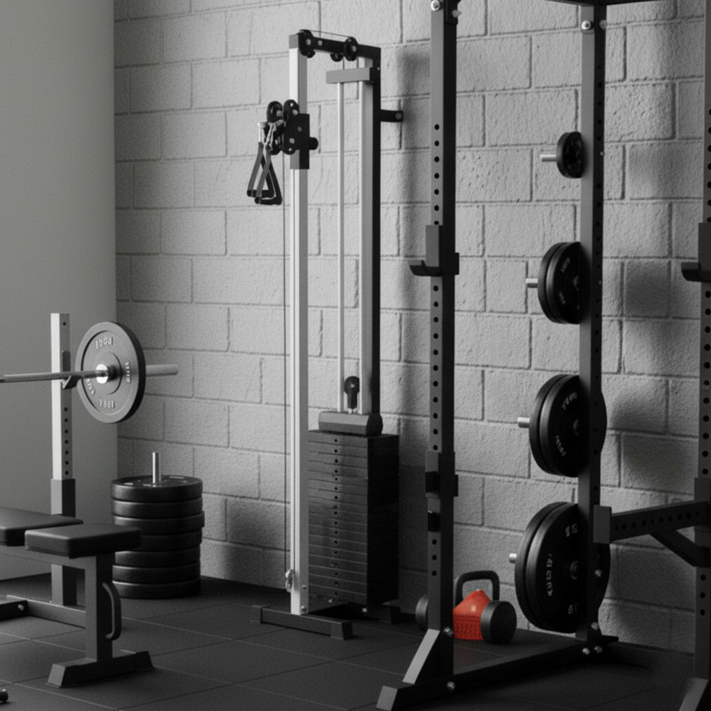 Wandmontierte Kabelzugmaschine in einem modernen Fitnessstudio, mit silbernem Gestell, schwarzen Gewichten und einer stabilen Bank im Hintergrund