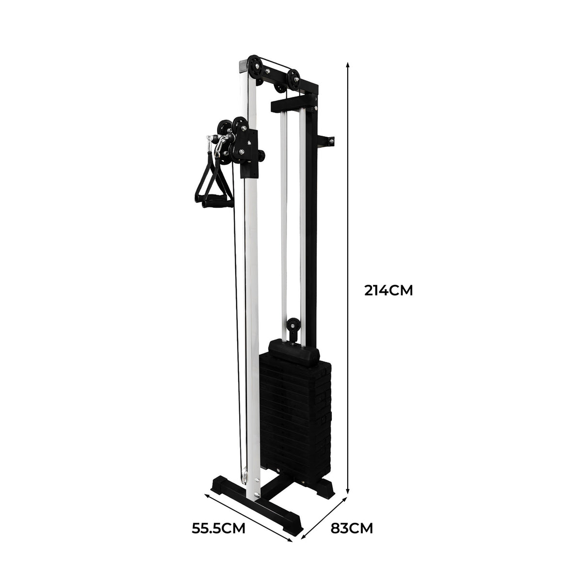 Wandmontierte Kabelzugmaschine in Schwarz und Silber, mit verstellbarem Gewicht, robustem Stahlrahmen und ergonomischen Griffen, ideal für das Heimtraining