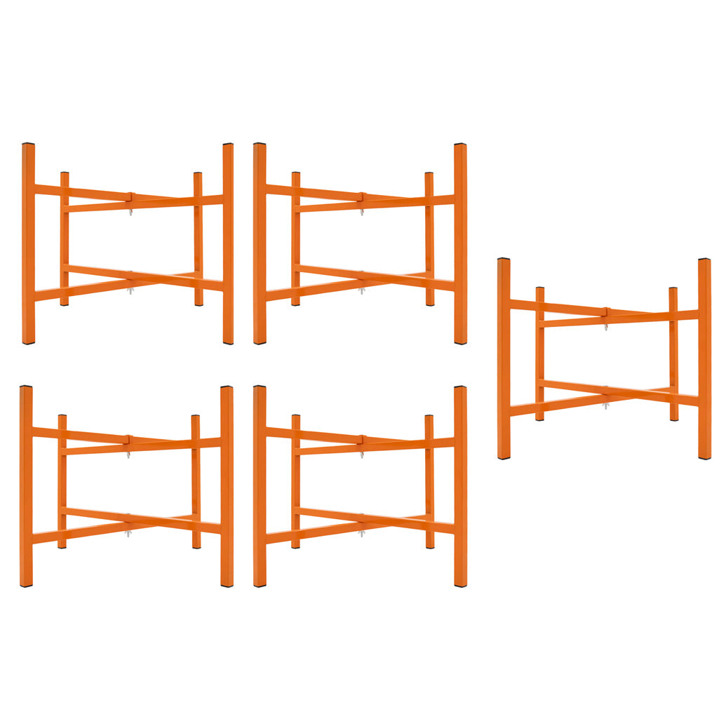 Fünf orangefarbene Mörtelbrettständer aus robustem Material, 500 mm hoch, mit stabilen Querstreben für sicheren Halt und einfache Handhabung