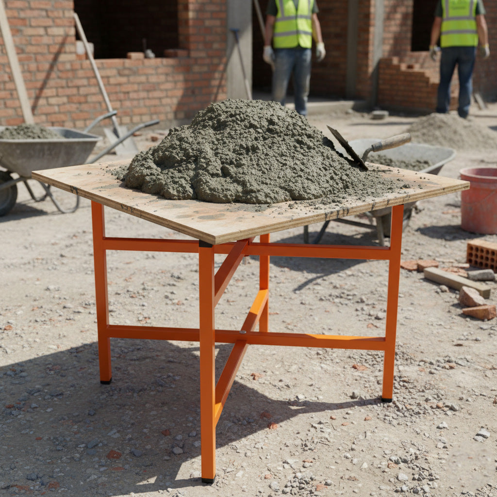 Mörtelbrettständer in leuchtendem Orange, 500mm hoch, mit einer großen Menge grauem Mörtel auf der Holzplatte, ideal für Bauarbeiten