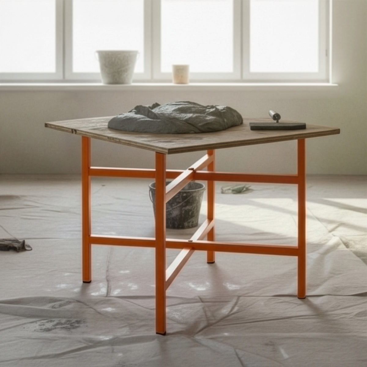Mörtelbrettständer in leuchtendem Orange, 500mm hoch, mit einer stabilen Holzplatte und einem glatten Mörtelauftrag, ideal für Bauarbeiten