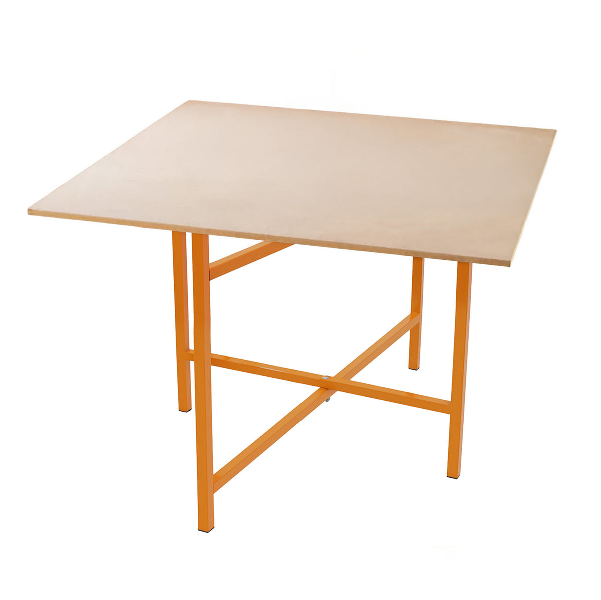 Mörtelbrettständer in orange mit stabilen Metallbeinen, 500 mm hoch, quadratische Arbeitsfläche aus hellem Material, ideal für Bauarbeiten