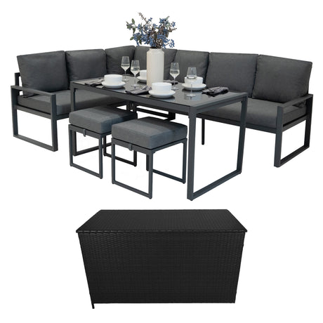 Fünfteiliges anthrazitgraues Ecksofa-Set aus Aluminium mit bequemen Kissen und schwarzer Rattan-Aufbewahrungsbox, ideal für den Außenbereich