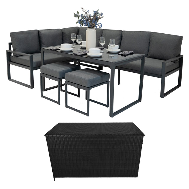 Fünfteiliges anthrazitgraues Ecksofa-Set aus Aluminium mit bequemen Kissen und schwarzer Rattan-Aufbewahrungsbox, ideal für den Außenbereich