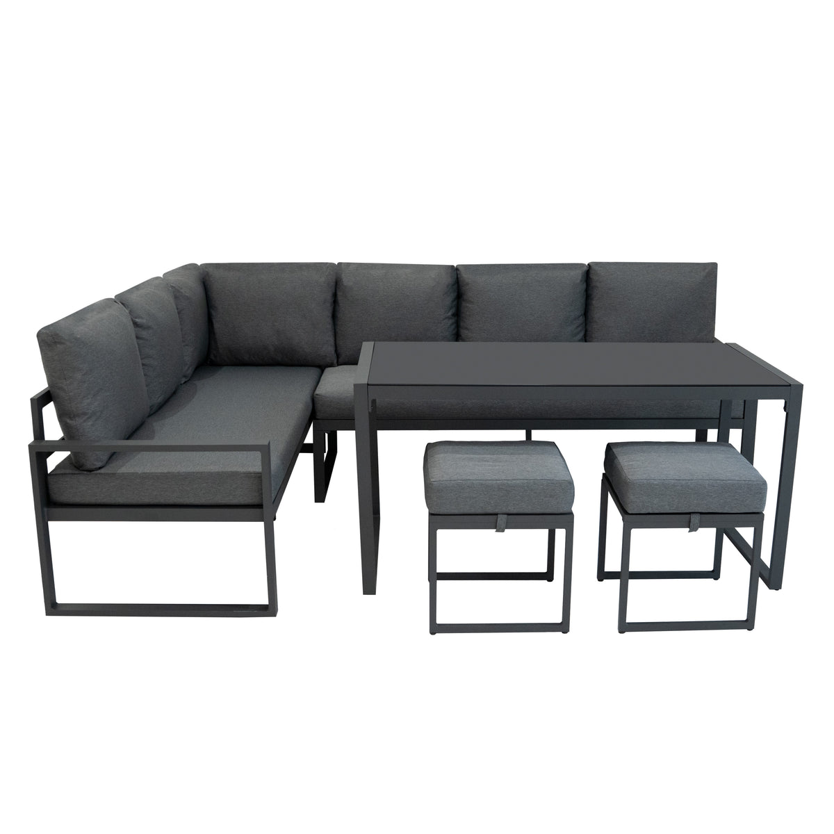 Fünfteiliges Ecksofa-Set in Anthrazitgrau mit Aluminiumrahmen, weichen Kissen und passendem Tisch sowie zwei Hockern für modernen Komfort im Außenbereich
