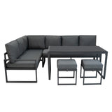 Fünfteiliges Ecksofa-Set in Anthrazitgrau mit Aluminiumrahmen, weichen Kissen und passendem Tisch sowie zwei Hockern für modernen Komfort im Außenbereich