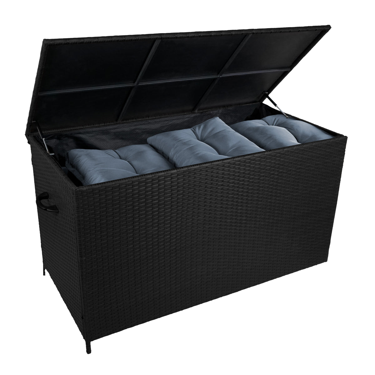 Anthrazitgraue Aluminium-Ecksofa mit schwarzer Rattan-Aufbewahrungsbox, gefüllt mit blauen Kissen, ideal für den Außenbereich und stilvolle Aufbewahrung