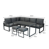 Fünfteiliges Ecksofa-Set aus Aluminium in Anthrazitgrau mit weichen Kissen, dazu schwarze Rattan-Aufbewahrungsbox und eleganter Tisch