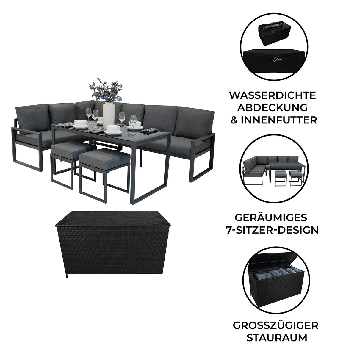 Fünfteiliges Ecksofa-Set in Anthrazitgrau mit Aluminiumrahmen, gepolsterten Kissen und schwarzer Rattan-Aufbewahrungsbox für stilvolle Außenbereiche