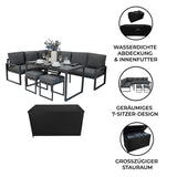 Fünfteiliges Ecksofa-Set in Anthrazitgrau mit Aluminiumrahmen, gepolsterten Kissen und schwarzer Rattan-Aufbewahrungsbox für stilvolle Außenbereiche