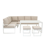 Elegantes 5-teiliges Ecksofa-Set aus Aluminium in Weiß mit beigen Kissen und passendem Tisch, ideal für stilvolle Außenbereiche