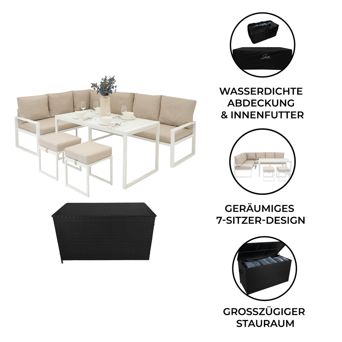 Elegantes 5-teiliges Ecksofa-Set in Weiß mit bequemen Kissen, kombiniert mit einer schwarzen Rattan-Aufbewahrungsbox für zusätzlichen Stauraum