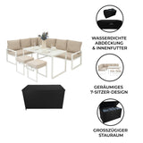 Elegantes 5-teiliges Ecksofa-Set in Weiß mit bequemen Kissen, kombiniert mit einer schwarzen Rattan-Aufbewahrungsbox für zusätzlichen Stauraum