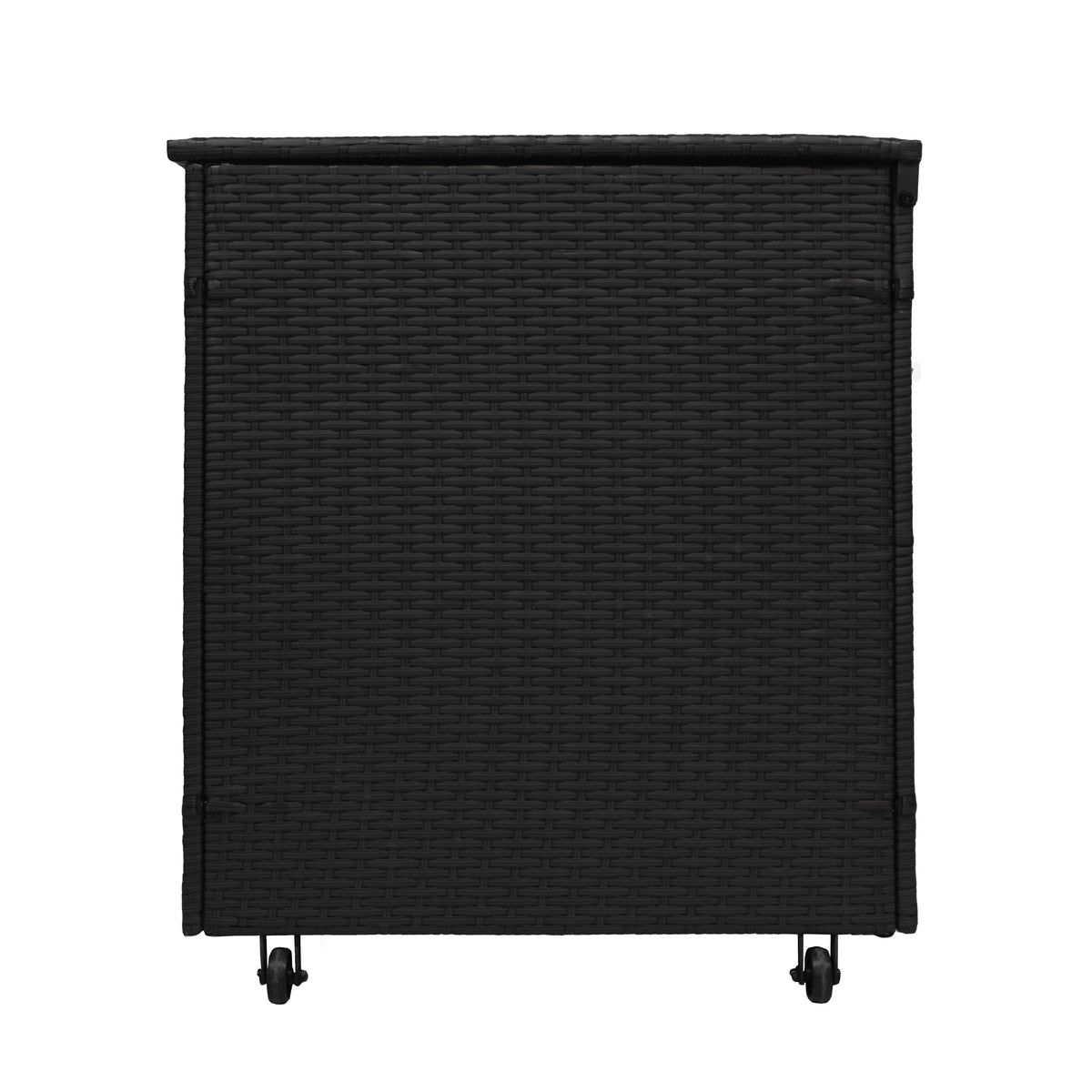 Schwarze Rattan-Aufbewahrungsbox mit Aluminiumrahmen, quadratischer Form und Rollen für einfache Mobilität, ideal für Gartenmöbel