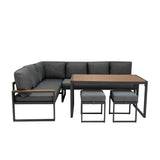 Elegantes 5-teiliges Ecksofa-Set aus Aluminium mit grauen Kissen, Holzplatte und Rattan-Aufbewahrungsbox in Schwarz, ideal für den Außenbereich
