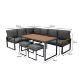 Fünfteiliges Ecksofa-Set aus Aluminium mit schwarzer Rattan-Aufbewahrungsbox, grauen Polstern und Holzoberfläche, ideal für den Außenbereich