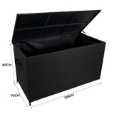 Schwarze Rattan-Aufbewahrungsbox mit Aluminiumrahmen, rechteckig, 138 cm lang, 70 cm breit, 80 cm hoch, ideal für Gartenmöbel und Zubehör
