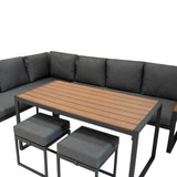 Elegantes 5-teiliges Ecksofa-Set aus Aluminium mit grauen Kissen und einem Tisch mit Holzoberfläche, ideal für den Außenbereich