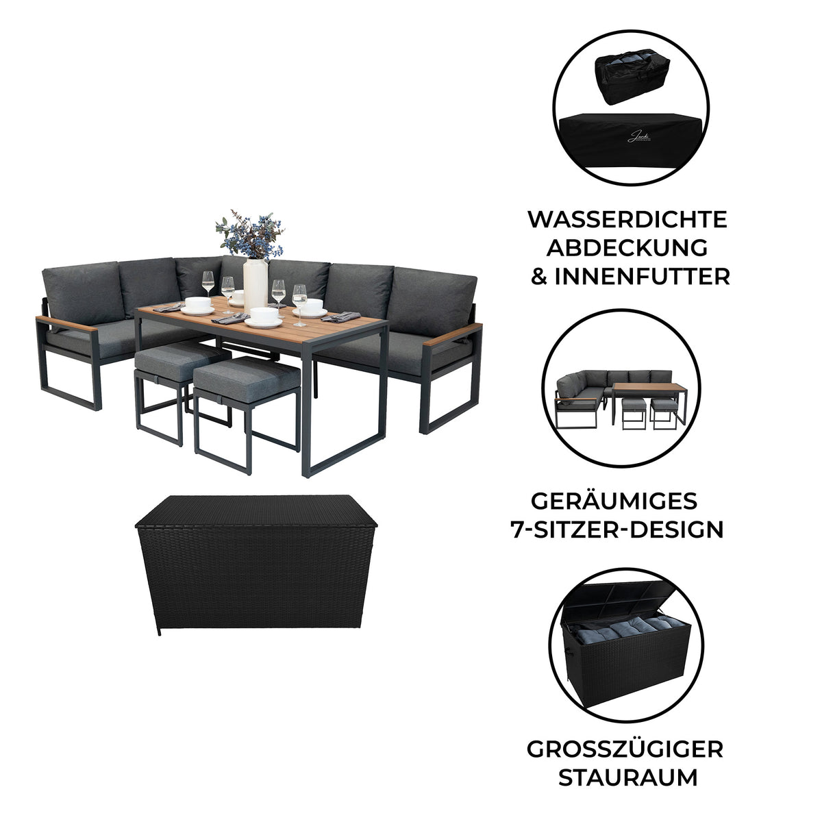 Elegantes 5-teiliges Ecksofa-Set aus Aluminium mit schwarzem Rattan und Holzoberfläche, inklusive wasserdichter Aufbewahrungsbox und gemütlichen Kissen
