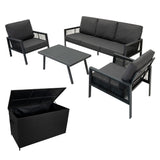 4-teilige Aluminium-Sofagarnitur in Anthrazitgrau mit bequemen Kissen, inklusive schwarzer Rattan-Aufbewahrungsbox und modernem Tisch