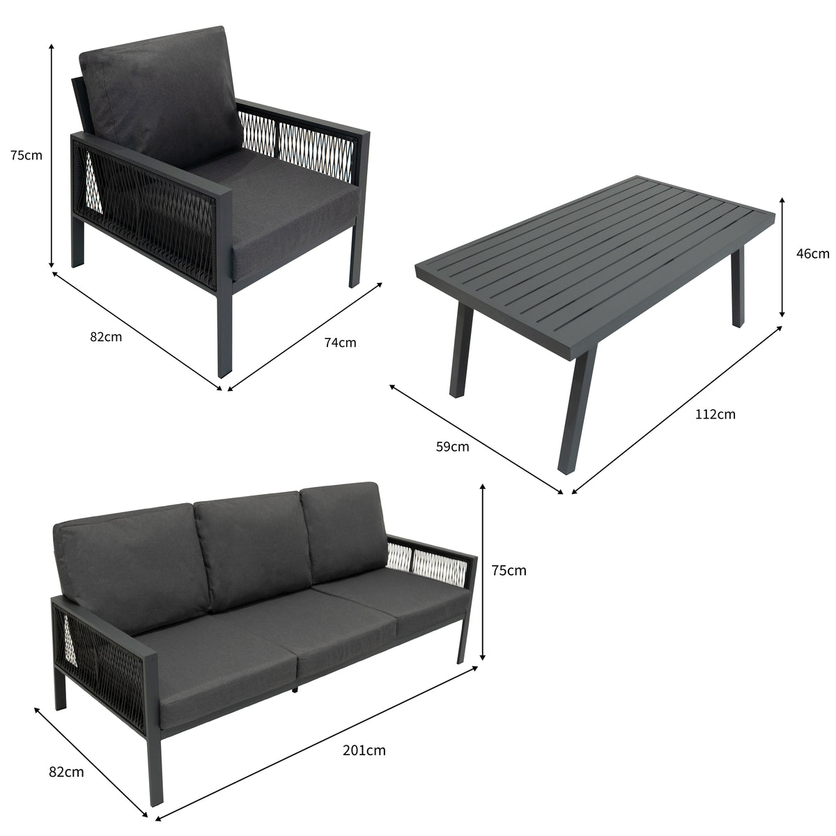 4-teilige anthrazitgraue Aluminium-Sofagarnitur mit bequemen Kissen, Rattan-Details und einer praktischen Aufbewahrungsbox aus Rattan