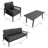 4-teilige anthrazitgraue Aluminium-Sofagarnitur mit bequemen Kissen, Rattan-Details und einer praktischen Aufbewahrungsbox aus Rattan