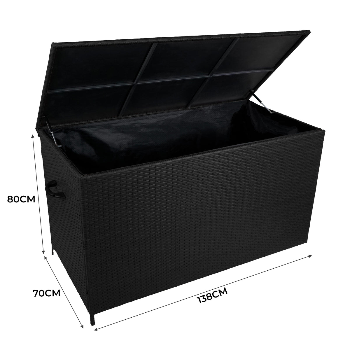 Schwarze Rattan-Aufbewahrungsbox aus Aluminium, rechteckig, mit einem Deckel, Maße 138 cm x 70 cm x 80 cm, ideal für Gartenmöbel und Zubehör