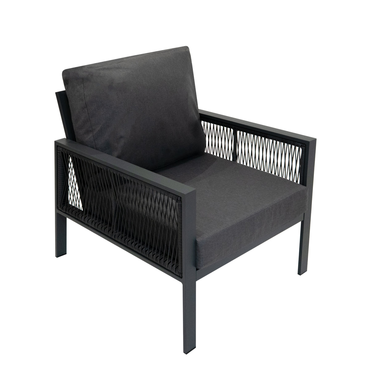 Anthrazitgrauer Aluminium-Sessel mit schwarzem Rattan-Gitter, gepolstert mit weichem Stoff, ideal für moderne Außenbereiche und Terrassen