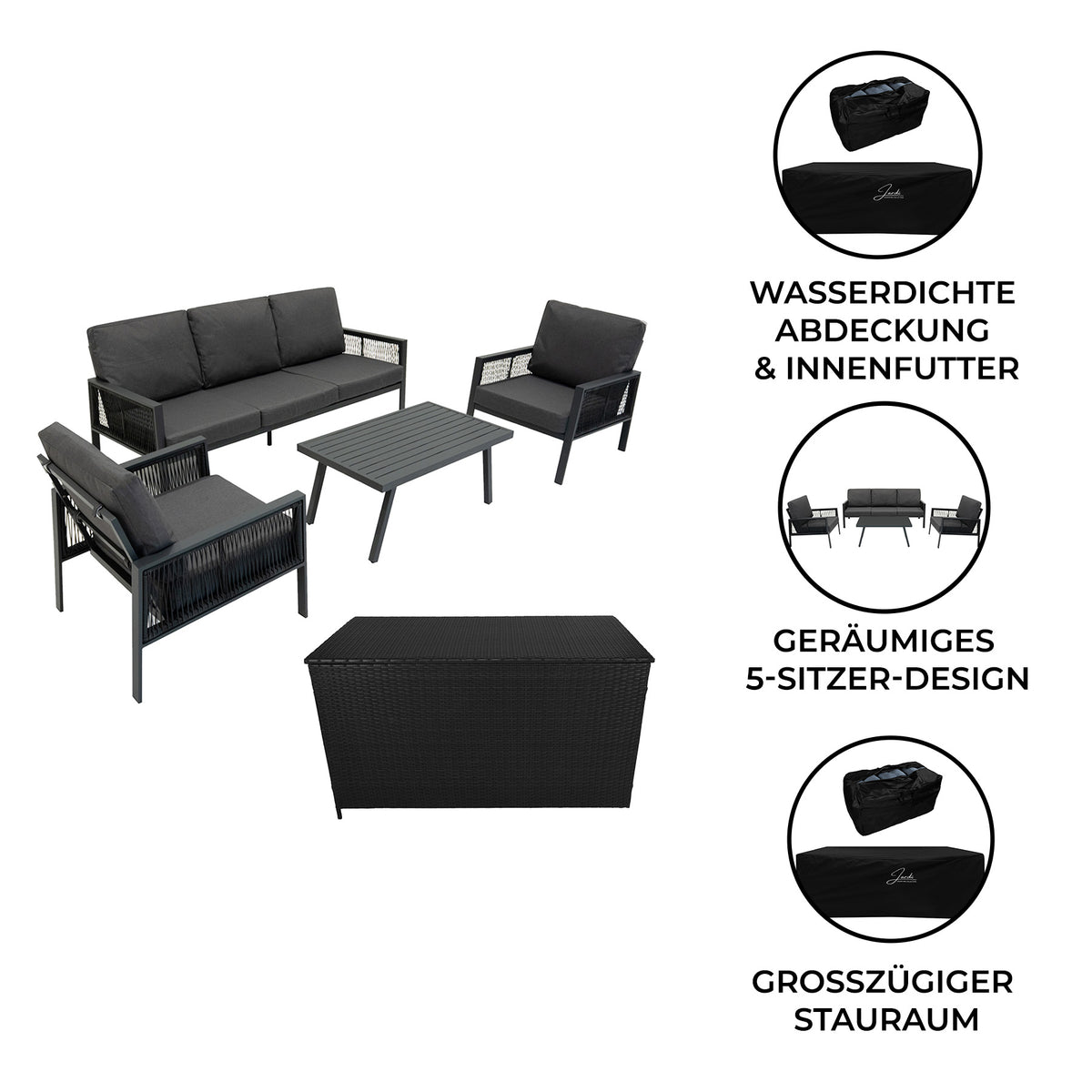 4-teilige Aluminium-Sofagarnitur in Anthrazitgrau mit schwarzen Rattan-Details, inklusive einer geräumigen Aufbewahrungsbox und bequemen Kissen