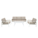 Elegante 4-teilige Aluminium-Sofagarnitur in Weiß mit beigen Kissen und modernem Design, ergänzt durch eine schwarze Rattan-Aufbewahrungsbox