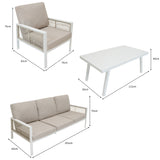 Elegante 4-teilige Aluminium-Sofagarnitur in Weiß mit bequemen, hellbeigen Polstern und einer praktischen schwarzen Rattan-Aufbewahrungsbox