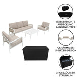 Elegante 4-teilige Aluminium-Sofagarnitur in Weiß mit beigen Kissen, inklusive schwarzer Rattan-Aufbewahrungsbox für zusätzlichen Stauraum