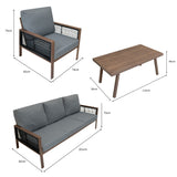 4-teilige Aluminium-Sofagarnitur mit grauen Polstern, schwarzer Rattan-Aufbewahrungsbox und braunen Holzdetails, ideal für den Außenbereich