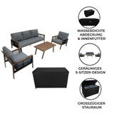 4-teilige Aluminium-Sofagarnitur mit grauen Kissen, schwarzer Rattan-Aufbewahrungsbox und Holz-Tisch, ideal für den Außenbereich und stilvolle Entspannung