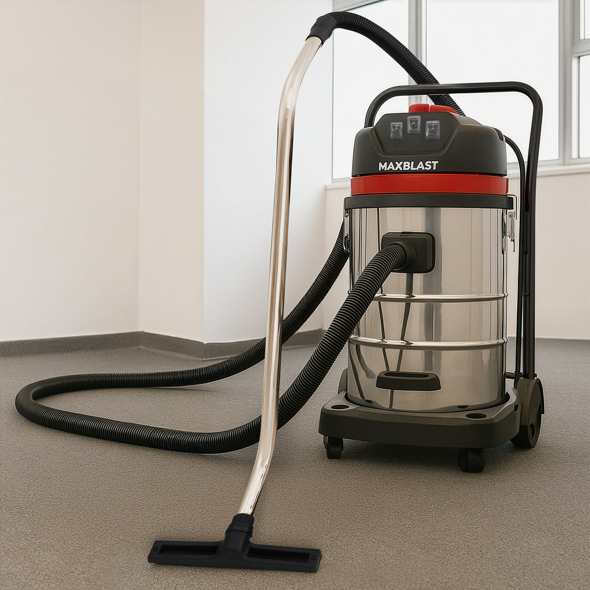 80L Nass- & Trocken Industriestaubsauger in Edelstahloptik mit 5m Schlauch, robust, mobil mit großen Rädern, ideal für Bau- und Reinigungsarbeiten