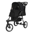 Schwarzer Haustier-Buggy mit robustem Gestell, großen Rädern, einem geräumigen Innenraum und einem atmungsaktiven Netz für optimale Sicht und Belüftung