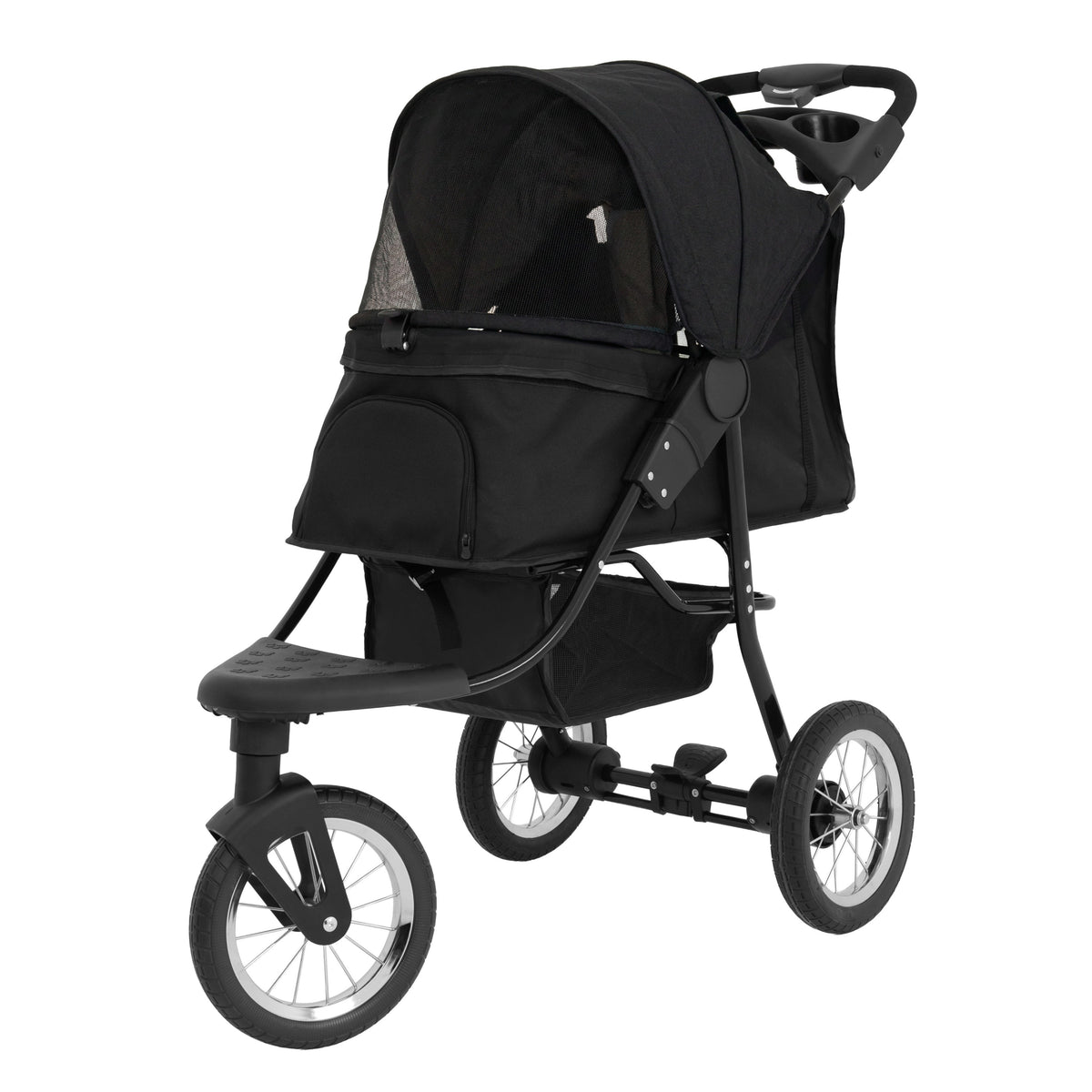 Schwarzer Haustier-Buggy mit robustem Gestell, großen Rädern, einem geräumigen Innenraum und einem atmungsaktiven Netz für optimale Sicht und Belüftung