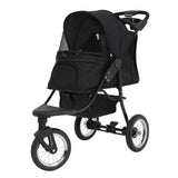 Schwarzer Haustier-Buggy mit robustem Gestell, großen Rädern, einem geräumigen Innenraum und einem atmungsaktiven Netz für optimale Sicht und Belüftung