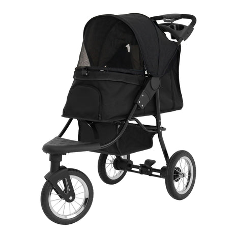 Schwarzer Haustier-Buggy mit robustem Gestell, großen Rädern, einem geräumigen Innenraum und einem atmungsaktiven Netz für optimale Sicht und Belüftung