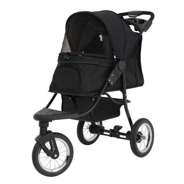 Schwarzer Haustier-Buggy mit robustem Gestell, großen Rädern, einem geräumigen Innenraum und einem atmungsaktiven Netz für optimale Sicht und Belüftung