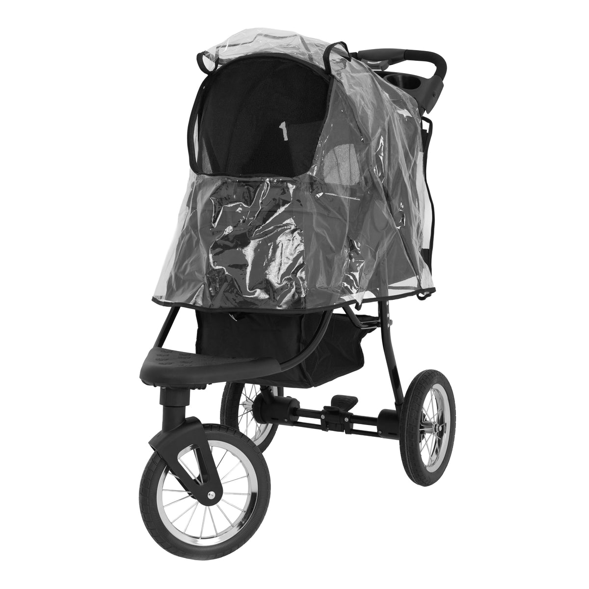 Schwarzer Haustier-Buggy mit transparentem Wetterschutz, großen Rädern und komfortablem Innenraum für Haustiere, ideal für Spaziergänge und Ausflüge