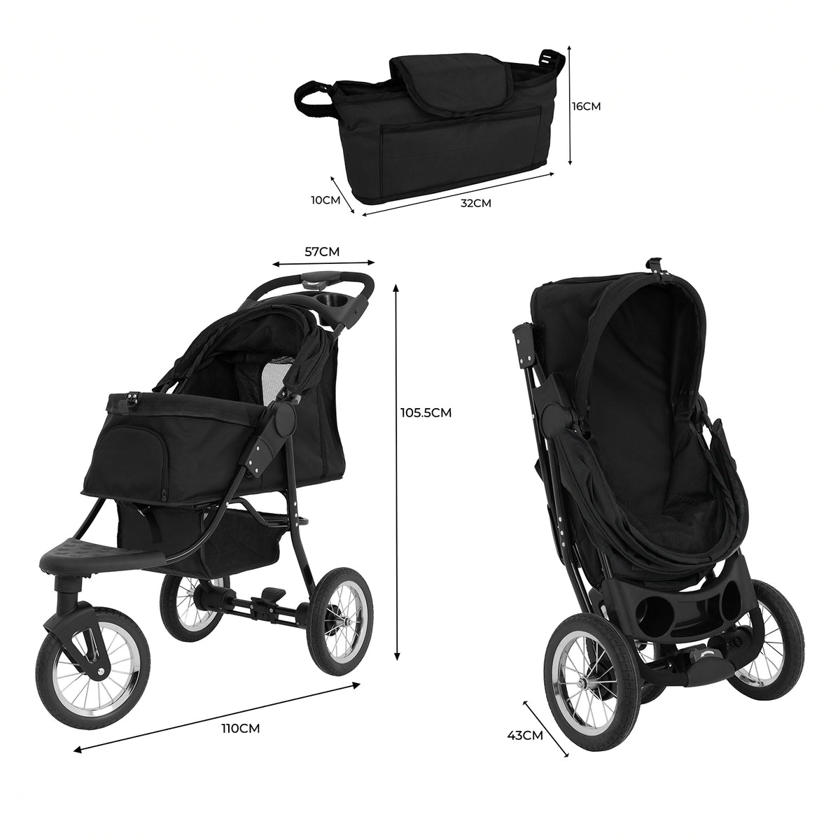Schwarzer Haustier-Buggy mit großen Rädern, klappbarem Design, geräumigem Korb und abnehmbarem Dach für komfortable Ausflüge mit Ihrem Haustier