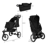 Schwarzer Haustier-Buggy mit großen Rädern, klappbarem Design, geräumigem Korb und abnehmbarem Dach für komfortable Ausflüge mit Ihrem Haustier