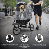 Schwarzer Haustier-Buggy mit Regenhaube, stabilen Schlauchreifen und Aufbewahrungstasche, ideal für Spaziergänge in der Stadt mit Ihrem Hund